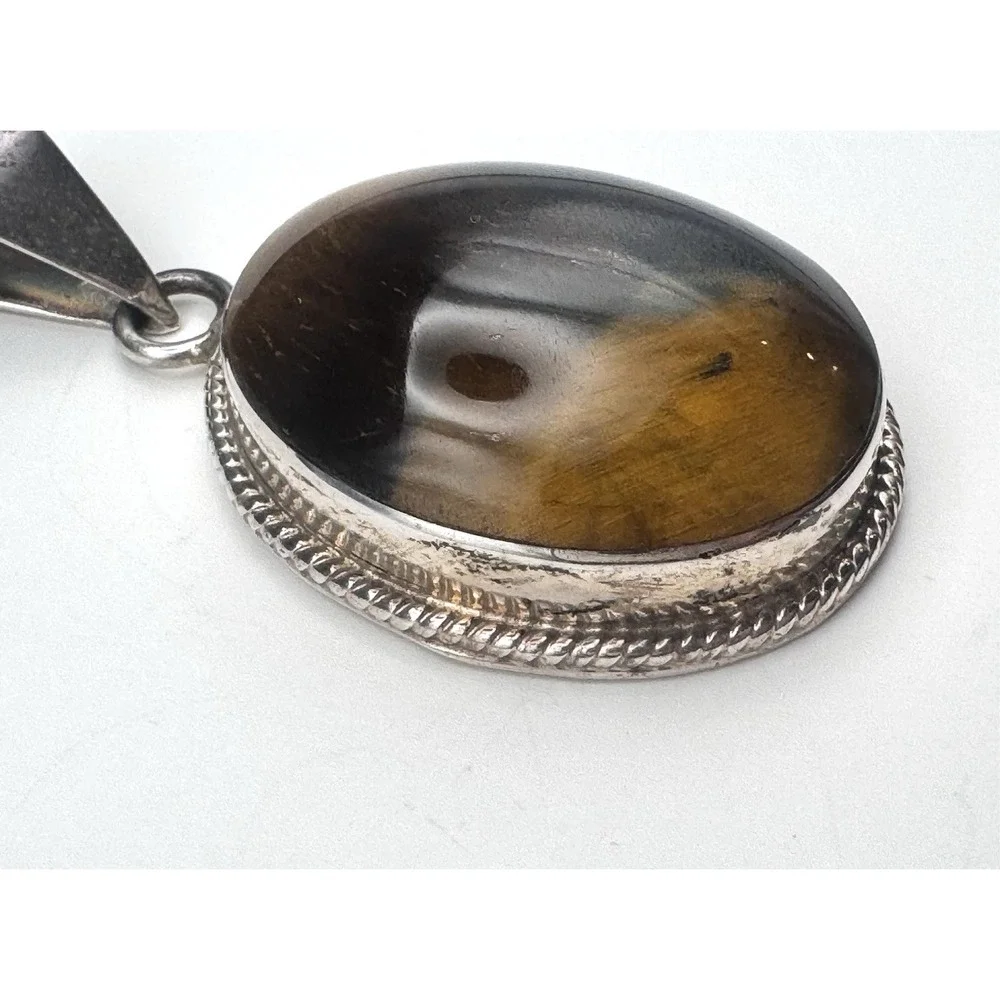 Taxco Large Mexico Hawk's/Tiger's Eye Sterling Silver Pendant 925 TM-287 38.1g